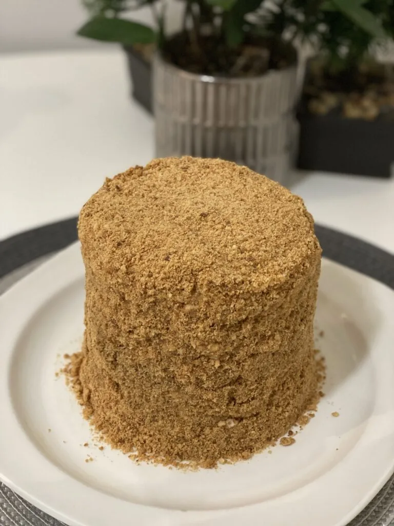 Completed Medovik honey cake covered in crumb coating on a plate.