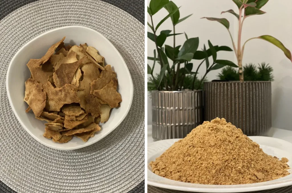 In the left picture, Bowl of leftover/trimmed honey cake scraps. in the right, fine crumbs of dough leftovers