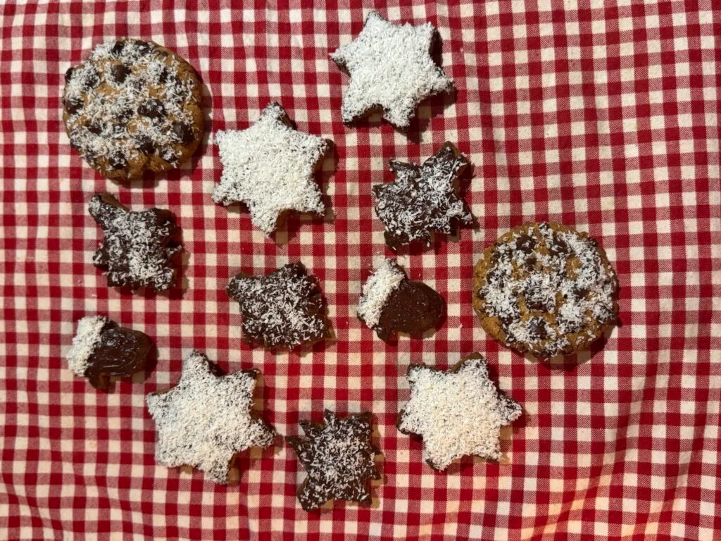 Festive gluten-free cookies topped with chocolate and shredded coconut, arranged on a red-and-white checkered cloth.