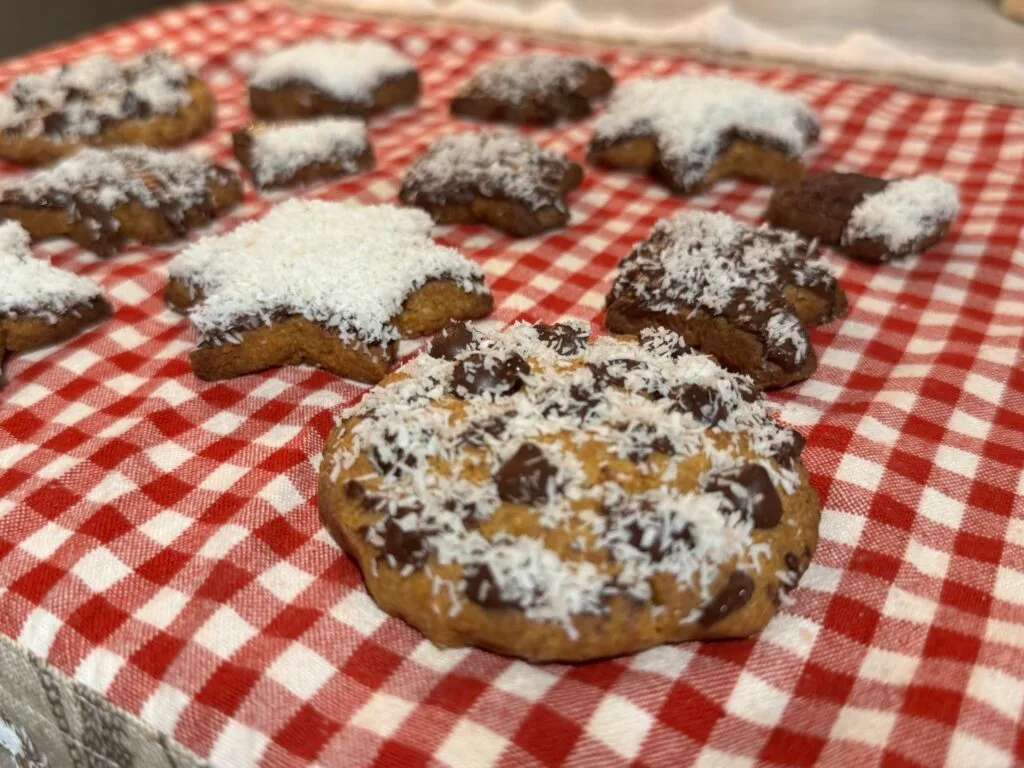 Gluten-free Christmas cookies topped with melted chocolate and sprinkled with shredded coconut, displayed on a red-and-white checkered cloth.