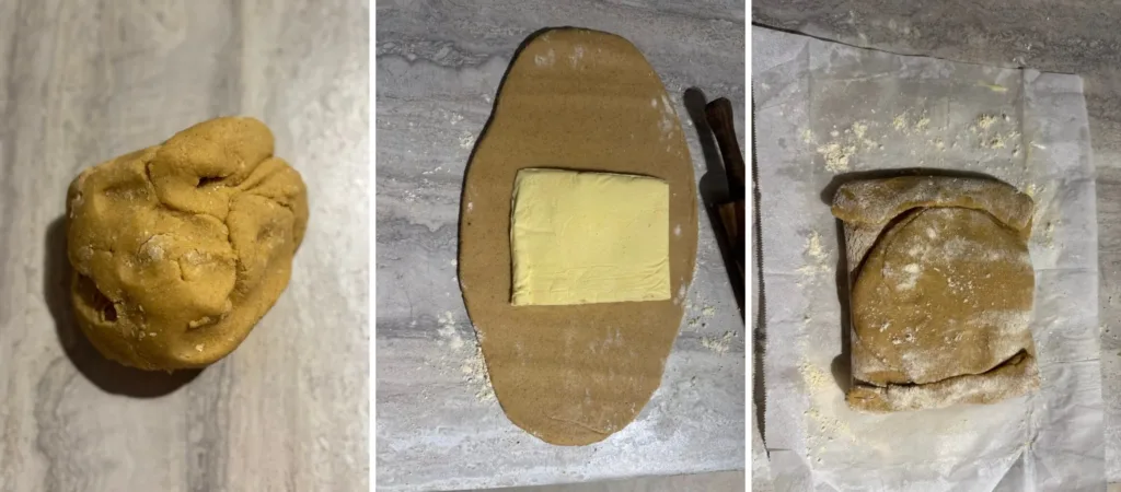 Three-step process of preparing dough: the first image shows a ball of dough, the second shows the dough rolled out with a block of butter placed in the center, and the third shows the dough folded around the butter.