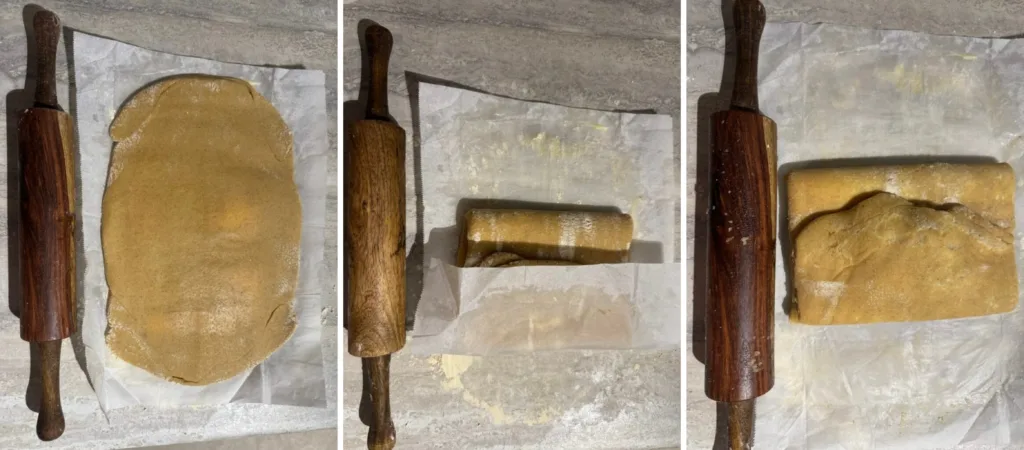 Three-step process of laminating dough: the first image shows dough rolled out into a rectangle with a rolling pin beside it, the second shows the dough partially folded into thirds, and the third shows the fully folded dough, ready for further rolling.