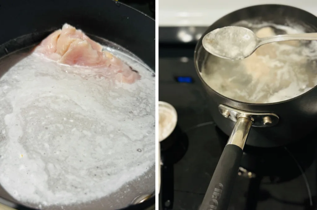 Boiling chicken in water and skimming off impurities.