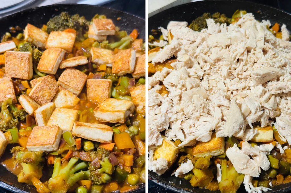 Adding fried tofu and shredded chicken to cooked vegetables in a pan.