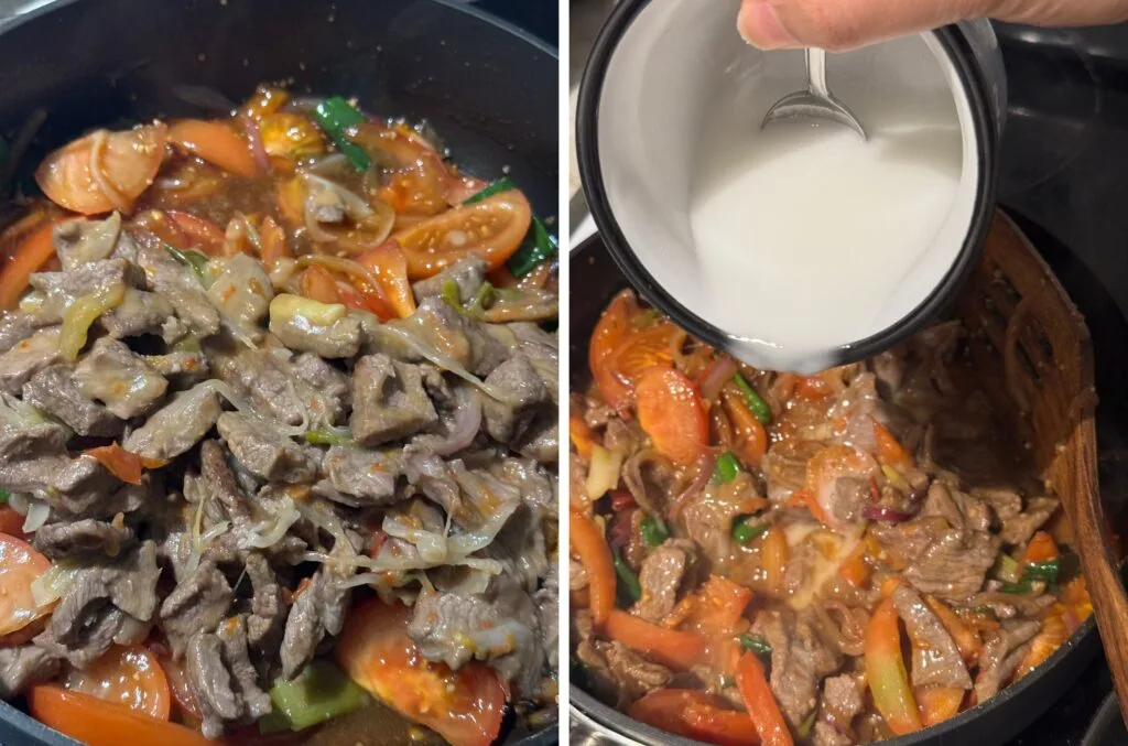 Cooked beef added to the tomato mixture, followed by cornstarch slurry being poured in.
