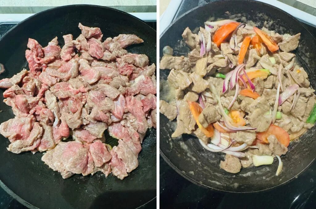 Beef stir-fried in a pan; another image shows onions, tomatoes, and green onions being added.