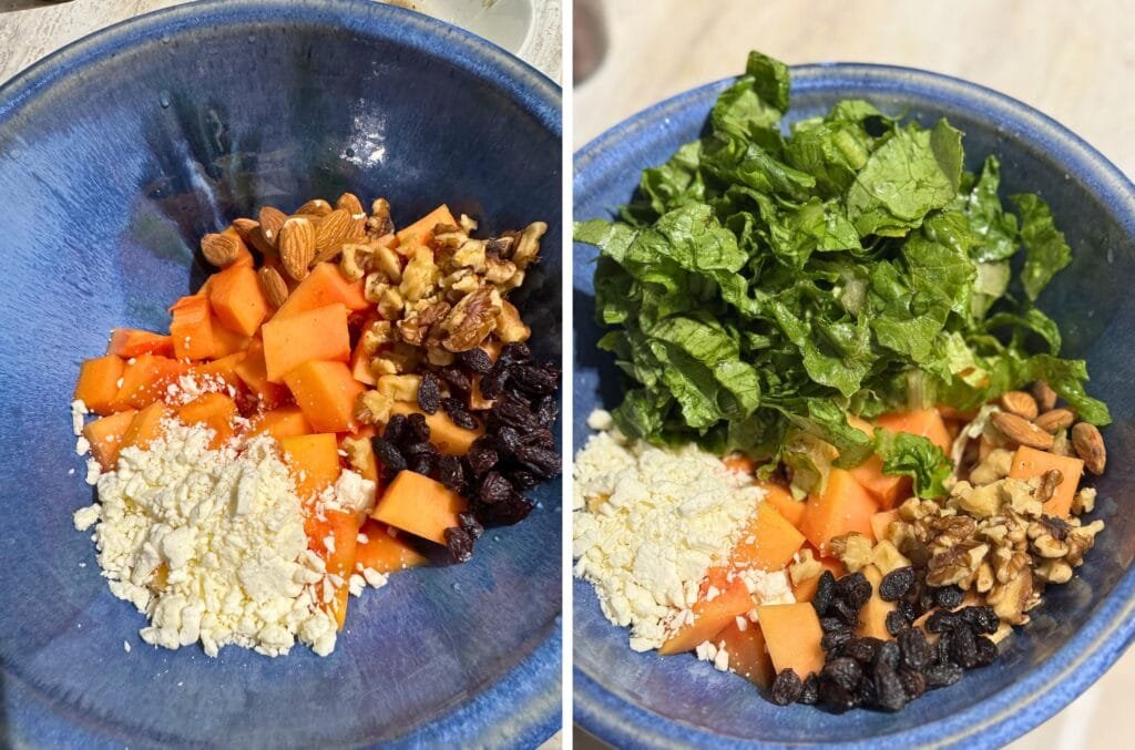 Ingredients in a bowl: papaya, nuts, feta, raisins, and lettuce.
