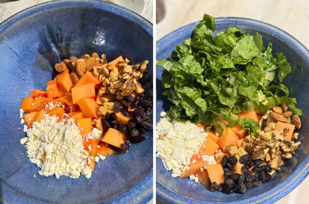 Ingredients in a bowl: papaya, nuts, feta, raisins, and lettuce.