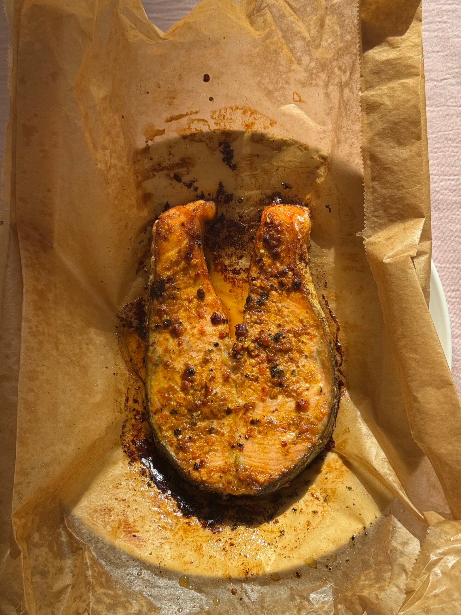 Cooked salmon steak.