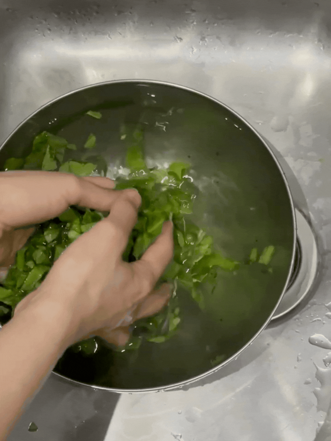 Washing fresh chopped spinach by hand in a metal bowl under running water.