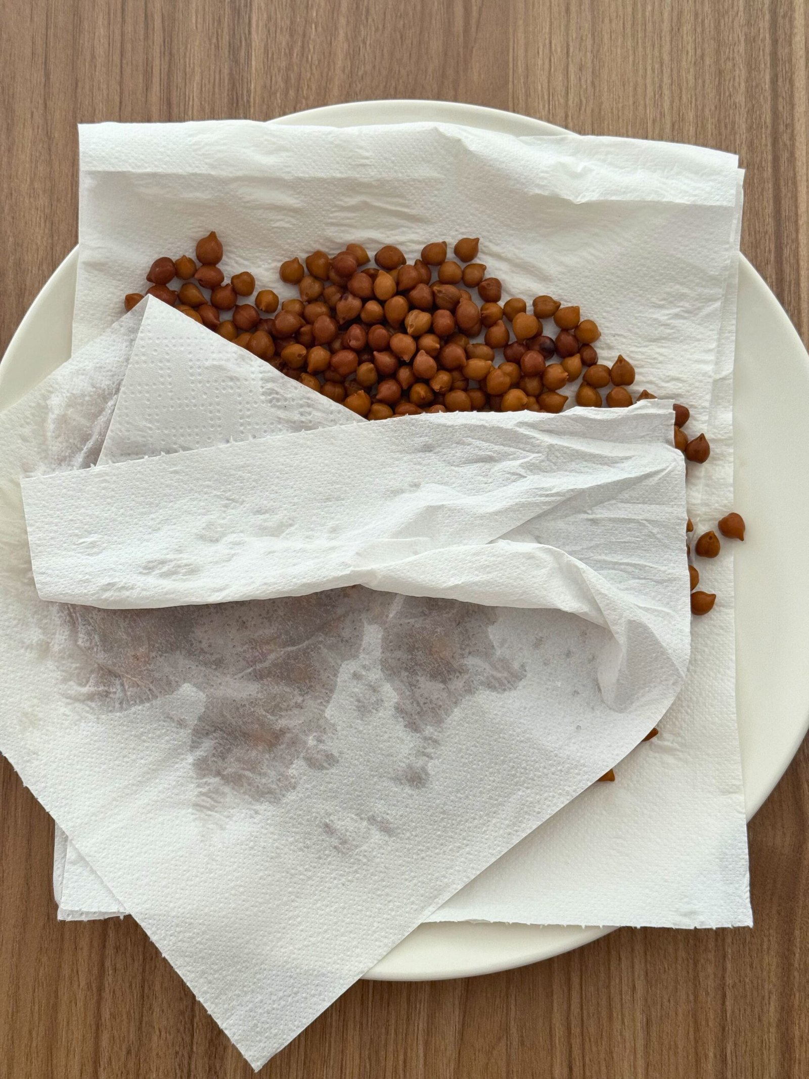 Boiled chickpeas being patted dry on layered white paper towels, demonstrating the drying step before roasting.