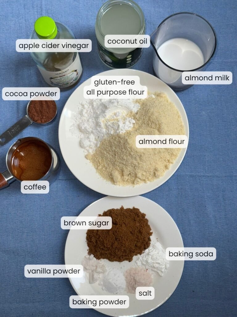 Labeled ingredients for gluten-free chocolate cake: apple cider vinegar, coconut oil, almond milk, cocoa powder, gluten-free all purpose flour, almond flour, and coffee, arranged on a blue background.